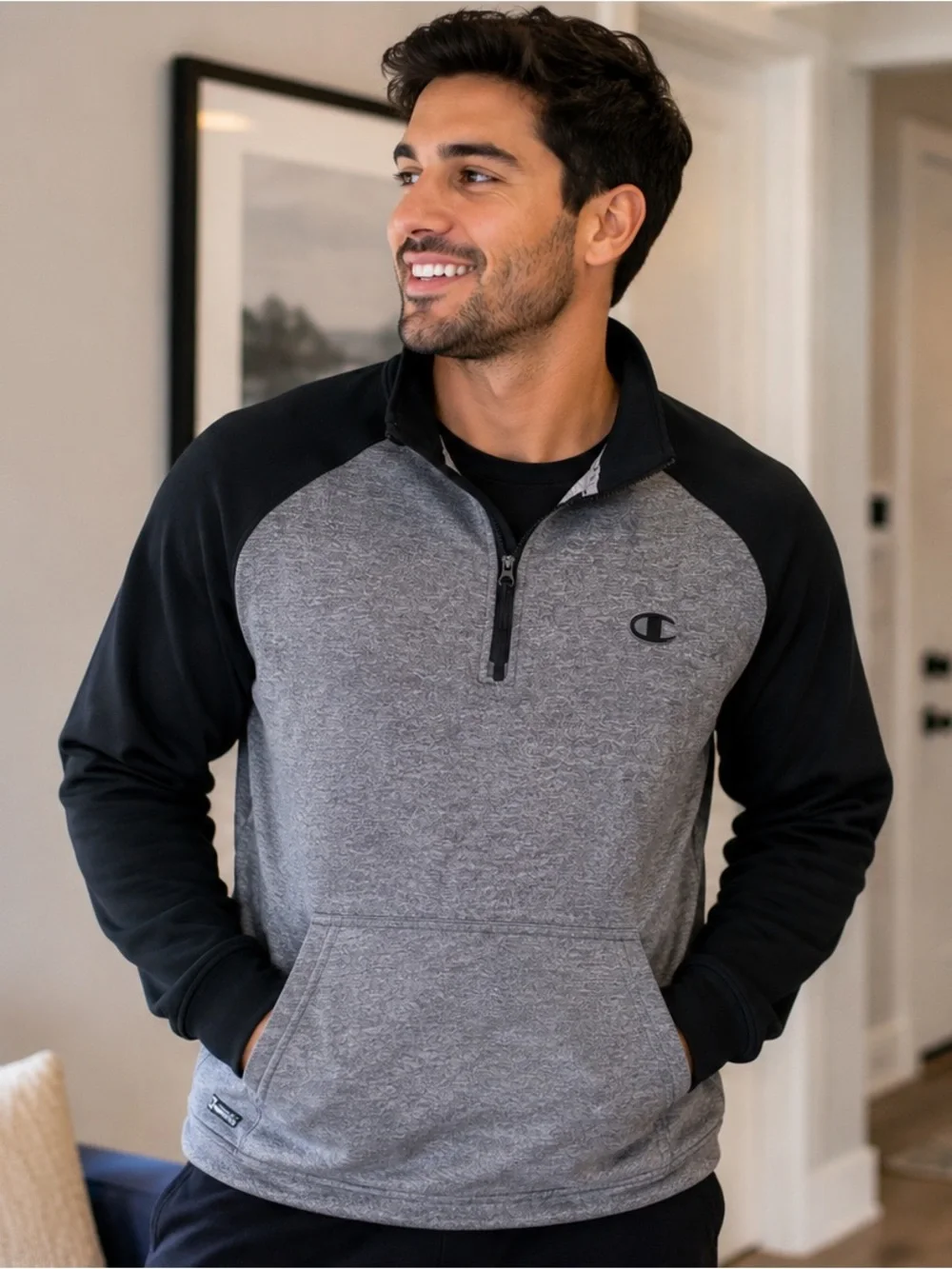 Champion Men's Gray and Black Quarter-Zip Sweatshirt